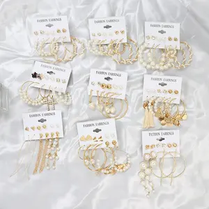 2023 New Metal Gold Plated 6-pair Hoop Drop Crystal Pearl Butterfly Earrings Set For Women