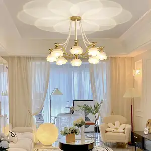 Nordic Rose Flower All-copper Living Room LED Chandelier French Luxury Restaurant Glass Light And Shadow Lamp