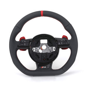Volant en cuir semi-perforé style RS avec pagaie <span class=keywords><strong>rouge</strong></span> pour <span class=keywords><strong>Audi</strong></span> A3 A4 A5 A6 C6 C7 S3 S4 S5 S9 B8 B9 Q5 Q7 RS3 RS5 TT - Product Image 1