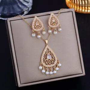 CDD Set perhiasan wanita kristal India kalung dan anting-anting berlian imitasi tetesan air manik-manik Boho etnis untuk wanita