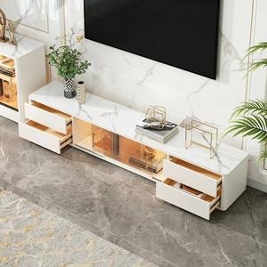 Lemari TV Persegi Panjang Kayu Putih Kustom dengan Finishing Atas Sinter Putih yang Kokoh, 4 Laci, dan Pintu Kaca untuk Ruang Tamu - Product Image 2