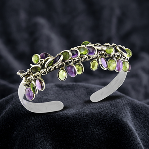 Art Palace Bohemian Cuff <b>Bracelet</b> with <b>Amethyst</b> Peridot Stones Antique Silver Plated Alloy Third Party Appraised for Unisex Wear - Product Image 1