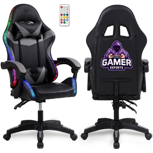 Chaise de jeu LED <span class=keywords><strong>GAMER</strong></span> Sérigraphie 366 Effets d'éclairage LED <span class=keywords><strong>Fauteuil</strong></span> télécommandé Chaise de bureau Noir Gris - Product Image 1
