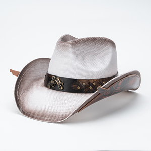 Sombrero de vaquero de paja de ala ancha con efecto desgastado y ombré, con remaches y banda de cuero cosida, ideal para viajes, pesca y actividades al aire libre. - Product Image 1