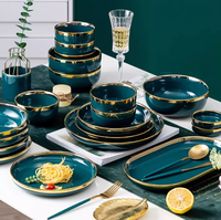 Juego de Vajilla Europeo Ecológico Personalizado Color Esmeralda para Restaurante y Hotel, 5 Piezas, Platos de Porcelana Esmaltada con Borde Dorado, Aptos para Microondas