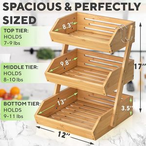 Bamboo Fruit And Vegetable Rack 3 Tier Multifunctional <b>Kitchen</b> Countertop Storage For Food - Product Image 3