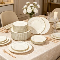 Assiettes jetables en dentelle beige de 7,5 pouces et 10,25 pouces avec bord doré, élégantes assiettes jetables pour mariage, anniversaire, banquet