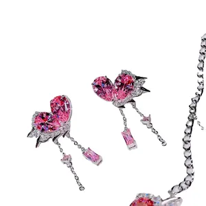 Warna Shiny Pink Anting Rumbai Panjang Liontin Kalung Wanita Lucu Cinta Hati Pasangan Perhiasan Set