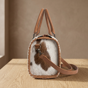 Sac pour femme en cuir de vachette véritable, motif marron et blanc, sac fourre-tout décontracté avec bandoulière réglable, utilisation quotidienne, sac durable - Product Image 4