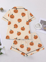Ensemble pyjama court 2 pièces pour femme, beige à rayures, imprimé citrouille d'Halloween, haut à manches courtes et short, tenue décontractée, imprimé personnalisé