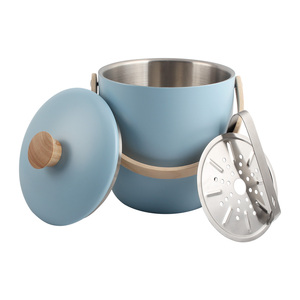 Seau à glace en acier inoxydable bleu avec couvercle et poignée en bois, refroidisseur à champagne pour cuisine et fêtes - Product Image 4
