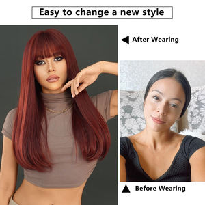 Parrucche rosso vino bordeaux per le donne lungo dritto parrucca con frangetta naturale morbido Cabello naturale Peluca - Product Image 5