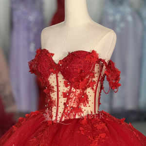 Robe de mariée de soirée en mousseline de soie rouge avec applications, taille naturelle, taille plus, pour mariage, Dy20259-2 - Product Image 5