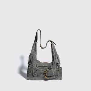 Sac à bandoulière vintage grunge en jean délavé gris, avec boucle, pour usage quotidien - Product Image 4