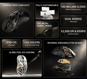 Ratón Inalámbrico para Juegos ATTACK SHARK RS6 ULTRA de Fibra de Carbono, PAW3955MAX, 8K Polling, Batería Magnética Intercambiable, 63g, Ratón para Esports Ajustable - Product Image 3