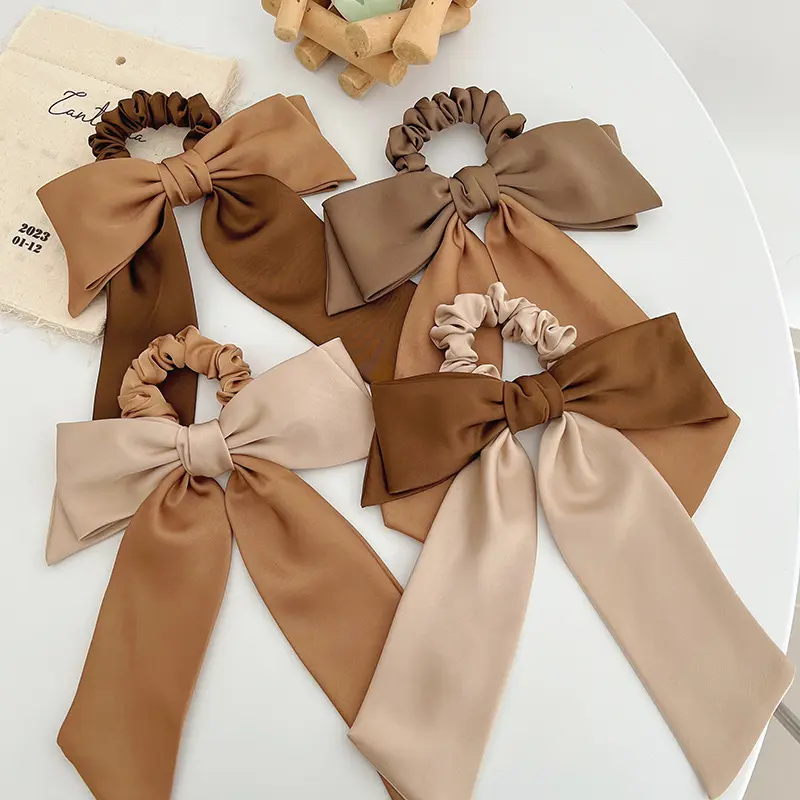 hot sales brown color big bow tie silk fabric custom logo ribbon mulberry silk scrunchie with bow scrunchie bow
