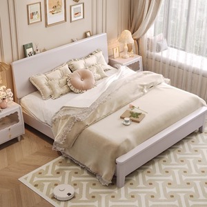 Light French Style <b>Solid</b> <b>Wood</b> Platform Bed 1.2M Single Morandi Gray Creamy Bedroom Furniture Durable - Product Image 3