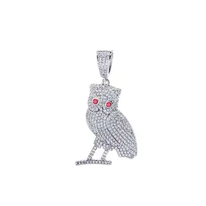 Precio al por mayor Mens Charm 925 Sterling Sliver Ruby Eye Iced Out Cubic Zircon Owl Animal Colgante Collar