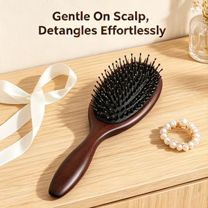<span class=keywords><strong>Brosse</strong></span> à cheveux ovale en bois de santal avec poils de sanglier et coussin d'air, antistatique, démêlante, manche rond en bois, massage du cuir chevelu, pour tous types de cheveux - Product Image 2
