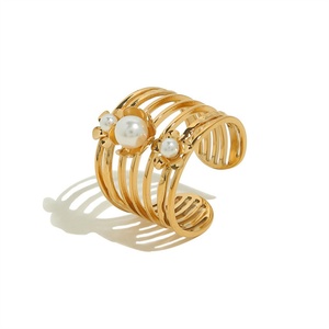 Dainty Cuff Hollow Unique Engagement Finger <b>Rings</b> 18k Gold Plated Stainless Steel Adjustable Gold <b>Chunky</b> Pearl <b>Rings</b> - Product Image 1