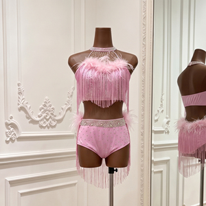 Costume de danse jazz rose à franges et plumes, sexy, dos nu, avec strass, pour femme, tenue de danse latine, tenue de compétition lyrique - Product Image 3
