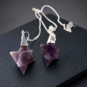 Handmade Amethyst <b>Star</b> Pendulum Metal Chain Semi Precious Stone Carving Gemstone For Crystal Healing - Product Image 1