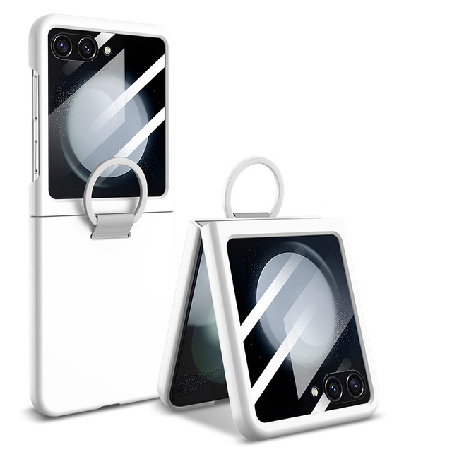 Original Silicone Skin Feeling Phone Case for Samsung Z Flip 7 Flip 5 6 Ring Holder Hard Cover with Built-in Screen Protector