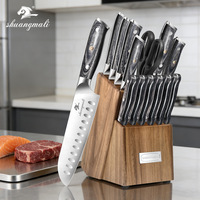 Ensemble de 15 couteaux de cuisine en acier 30Cr13 avec manche gris et ciseaux, affûtés à la main, qualité export, pour la cuisine domestique, idéal comme cadeau