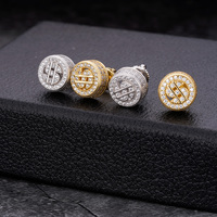 Boucles d'oreilles clous rondes Hip Hop personnalisées, motif dollar, en argent sterling 925 plaqué or, serties de zircons cubiques