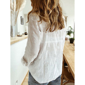 Damen Casual Style Baumwolle Leinen Langarm Bluse Einreiher Knopf Revers Kragen Solid Vacation Loose Tops Größen S-5XL - Product Image 5