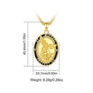 Collar de San Miguel Chapado en Oro de 18K al por Mayor con Borde de Esmalte Negro, Colgante Religioso de Protección del Arcángel de Doble Cara para Hombres - Product Image 2