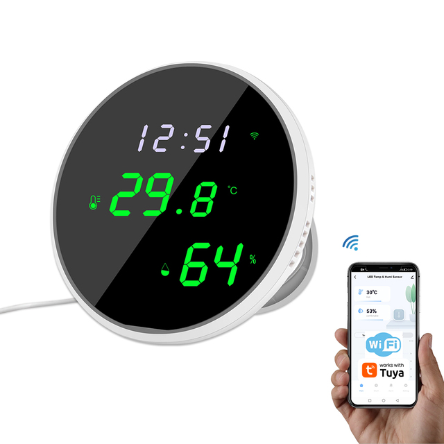 Tuya WiFi Temperature and Humidity Sensor Smart Home Indoor Thermometer Hygrometer Gauge Display Clock for Room