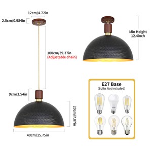 Suspension E27 style ferme, noire, pour îlot de cuisine, moderne, en forme de dôme, avec abat-jour en métal martelé - Product Image 3