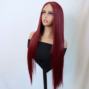 Peluca de encaje frontal de fibra sintética resistente al calor <span class=keywords><strong>1557</strong></span> roja con cabello largo y liso y línea de cabello natural - Product Image 4