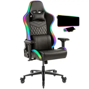 كرسي كمبيوتر مريح من الجلد الصناعي صديق البيئة كرسي ألعاب باللون الأسود مزود بإضاءة LED مع وسادة ماوس Rgb