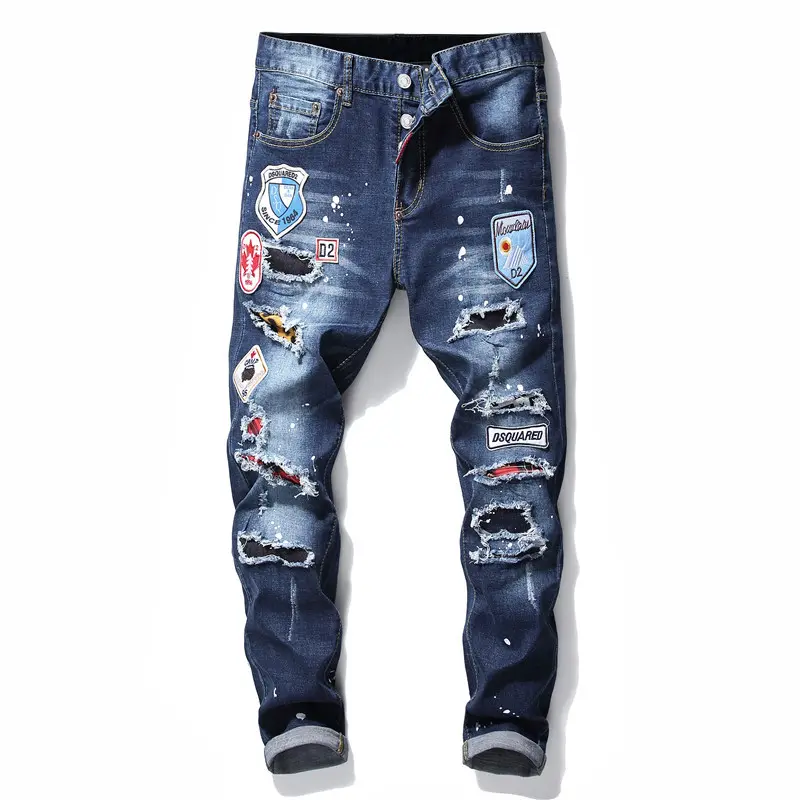 Tasarımcı kot erkekler İtalyan ripped düz pantolon renk eşleştirme kot slim fit günlük erkek pantolonları streç kot erkekler 2021