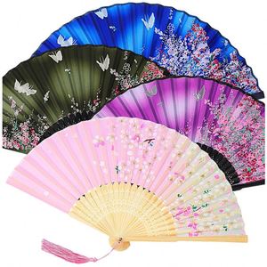 DS Design Hand-Held Bamboo Craft Folding <b>Fan</b> Silk Fabric with Carved Technique Folk Art Style for Parties Weddings Gifts - Product Image 1