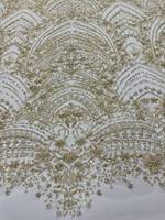 Tissu de dentelle de mariée en tulle de luxe français avec broderie de perles tubulaires, sequins et perles lourdes pour robe de mariée et robe de soirée