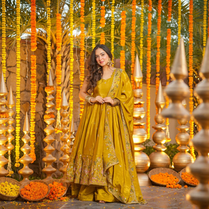 Ensemble de robe Anarkali en soie jaune moutarde, broderie florale sur le col, ourlet festonné, dupatta assorti, Prayosha Enterprise - Product Image 1