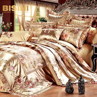 Parure de lit de style royal avec broderie florale kaki, drap de lit en soie exquis, couvre-lit, magnifique ensemble de literie, quatre pièces pour villa