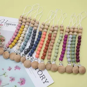 Hot Bpa Free Wooden Silicone Beads Chain Custom Baby Teething Toy Pacifier Holder Dummy Clips Baby Pacifier Clip