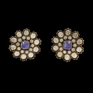 14K Gold Polki Diamond <b>Stud</b> <b>Earrings</b> with <b>Blue</b> Sapphire Center | Handmade Floral Designer Jewelry - Product Image 1