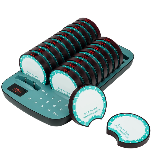 20 Piece Round Restaurant Wireless Pagers Independent Charging Dock Vibrating Calling Device for Dining Establishments