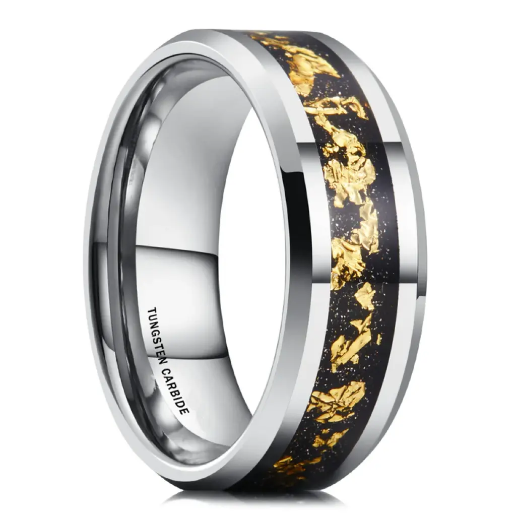 Anel de ouro e prata de tungstênio para homens e mulheres, joia fashion com meteorito e folha de ouro de 8 mm, embutida em ouro e prata, moda de noivado, para casamento