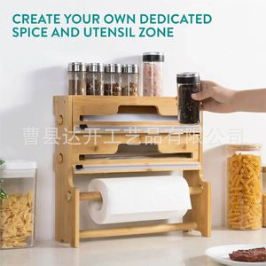 Bamboo Cling Film Cutter Box With <b>Kitchen</b> <b>Paper</b> Holder Wall Mounted Multi Compartment Condiment Storage Rack - Product Image 2