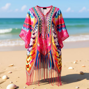 Traje de baño de talla grande para mujer, kimono con estampado bohemio, bata de playa con flecos largos, ropa exterior para traje de baño WS16025 - Product Image 3