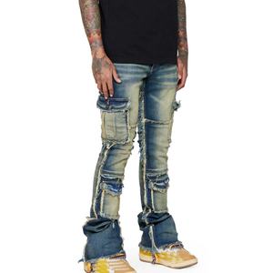 Nouveautés - Pantalons cargo vintage bleus à bords bruts - Jeans en denim pour hommes - Product Image 5