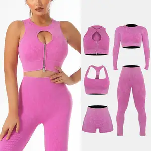 Ensemble de yoga côtelé 8 pièces avec fermeture éclair pour femmes Jogger Seamless Sportswear Fitness Workout Gym Clothing