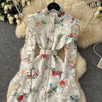 Gaun Maxi Vintage Elegan Motif Bunga Mawar untuk Wanita, Lengan Panjang Model Flare, Cocok untuk Pesta Malam, Liburan Musim Semi, Gaya Bohemian