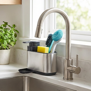 Organisateur d'évier en acier inoxydable avec distributeur de savon, plateau de drainage pour éponges, brosses et liquide vaisselle - Product Image 1